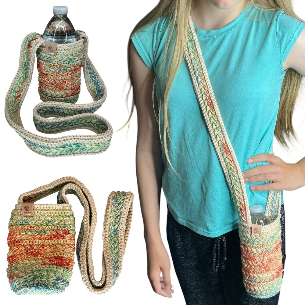 Handmade Multicolor Crochet Water Bottle Holder Bag Wheat Stitch Boho‎ Crossbody